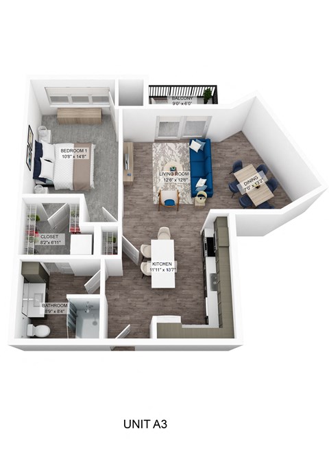 a stylized floor plan of a unit as seen from above